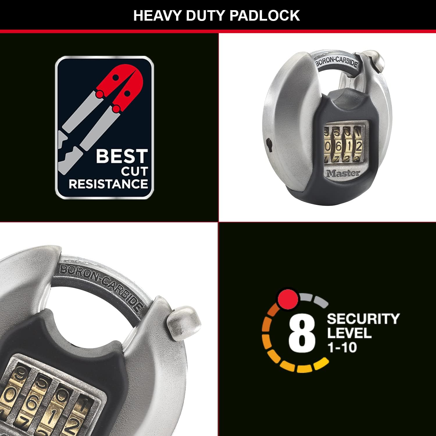 Detalle de MASTER LOCK Heavy Duty Combination Padlock (Security Level 8/10) – Stainless Steel, Outdoor Weatherproof