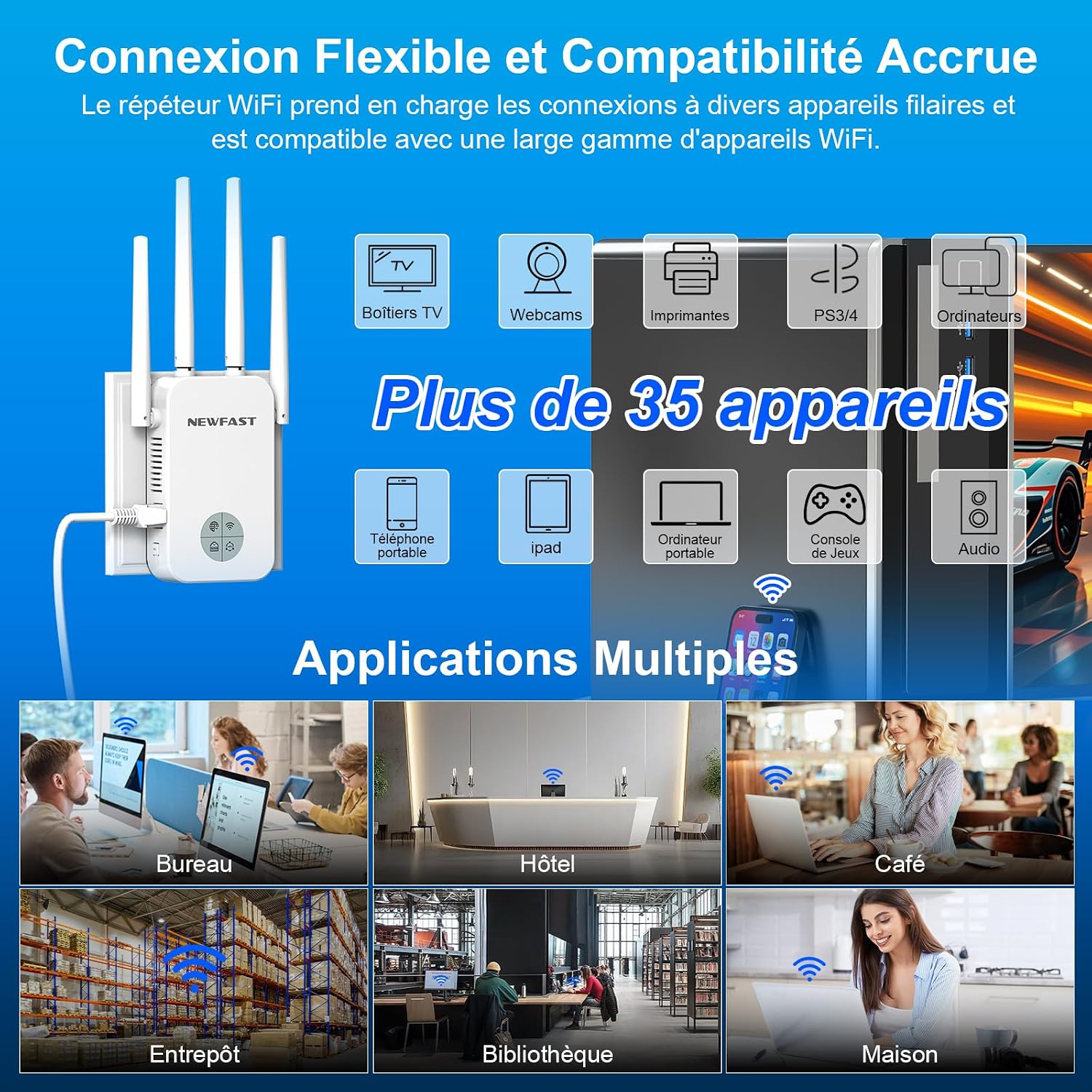 Detalle 2 de NEWFAST Répéteur WiFi Puissant 1200Mbps – Double Bande 5GHz, Mode Répéteur/AP/Routeur, 1 Port Ethernet