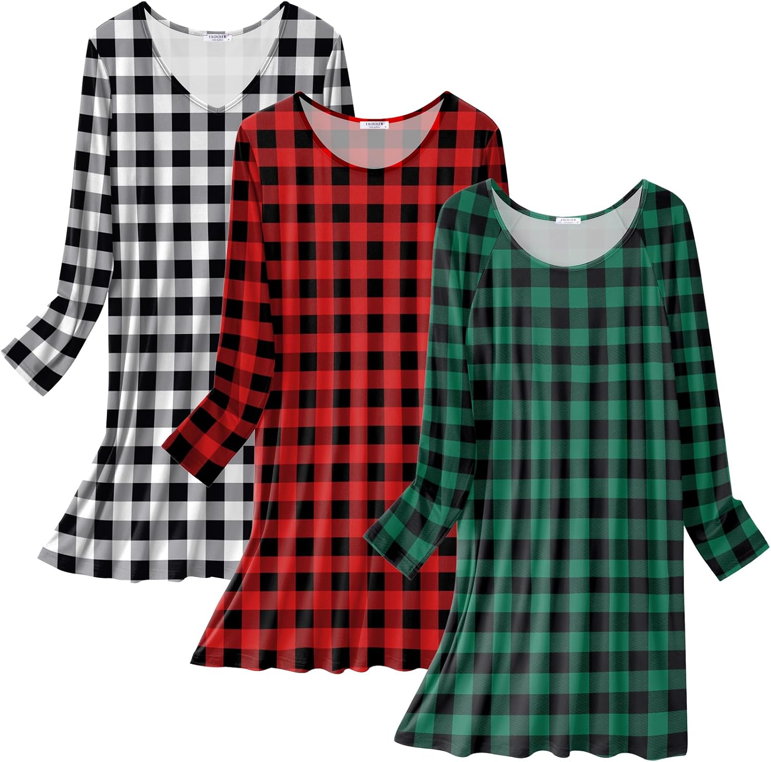 Detalle de Ekouaer 3-Pack Women's Long-Sleeve Nightgowns, Soft Stretch Sleep Shirts