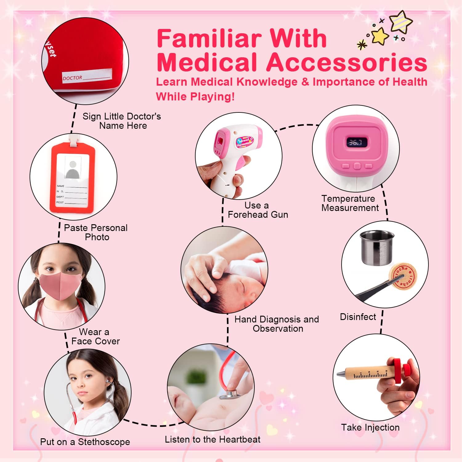 Thumbnail 4 de Sundaymot Doctors Set for Kids: 32-Piece Wooden Role Play Case with Real Stethoscope and Dentist Kit