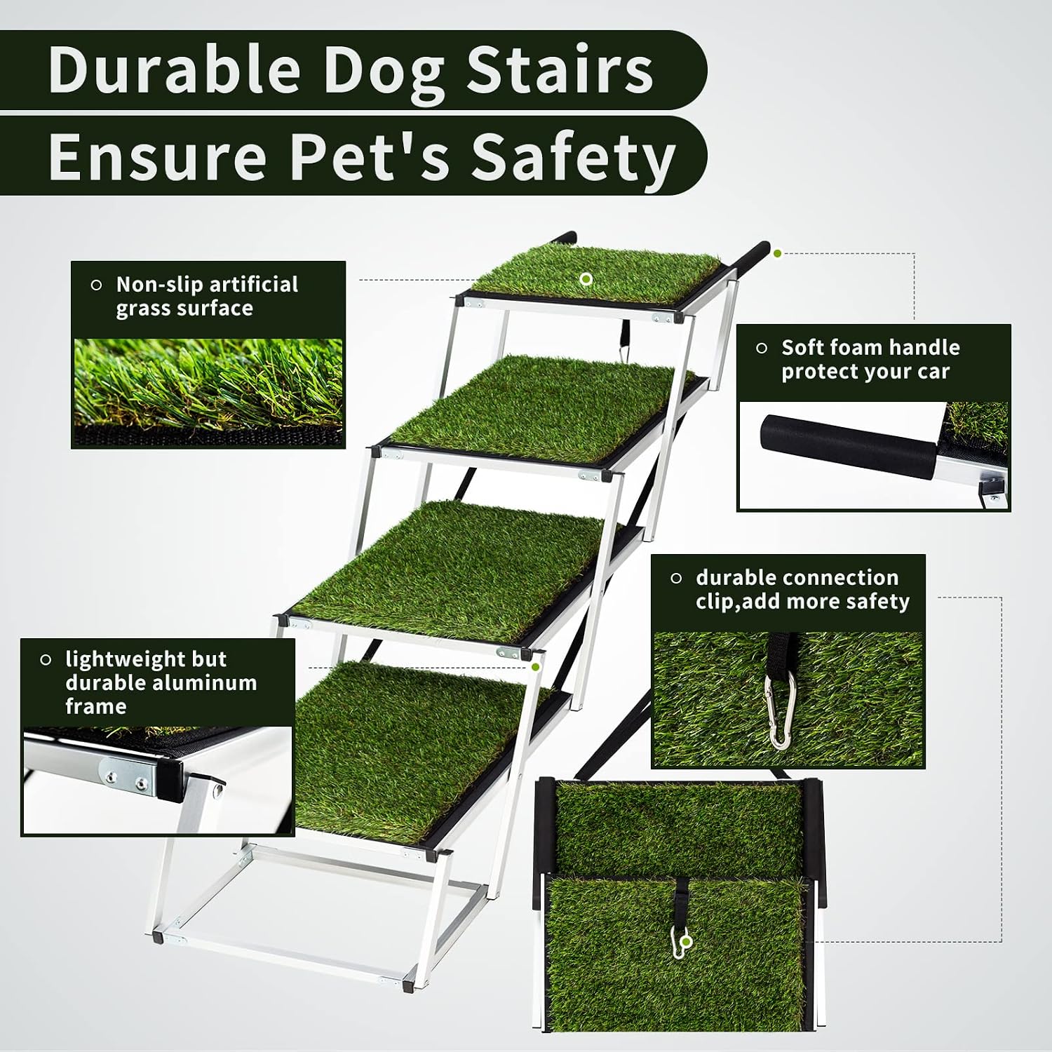 Detalle de Extra Wide Dog Car Stairs for Large Dogs — Lightweight Foldable Aluminium Ramp (125kg) with Nonslip Grass Surface