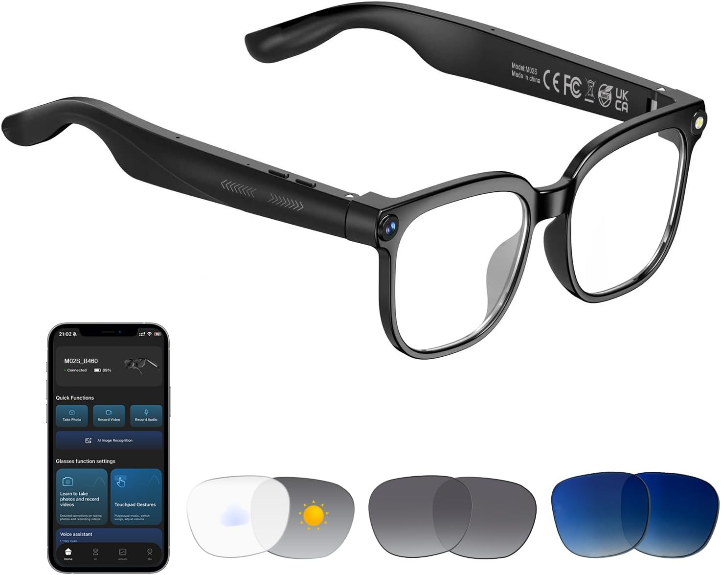 Detalle de Tulbeys Noir-M02S slimme camerabril met 1080p-video, Bluetooth en verwisselbare zonneglazen