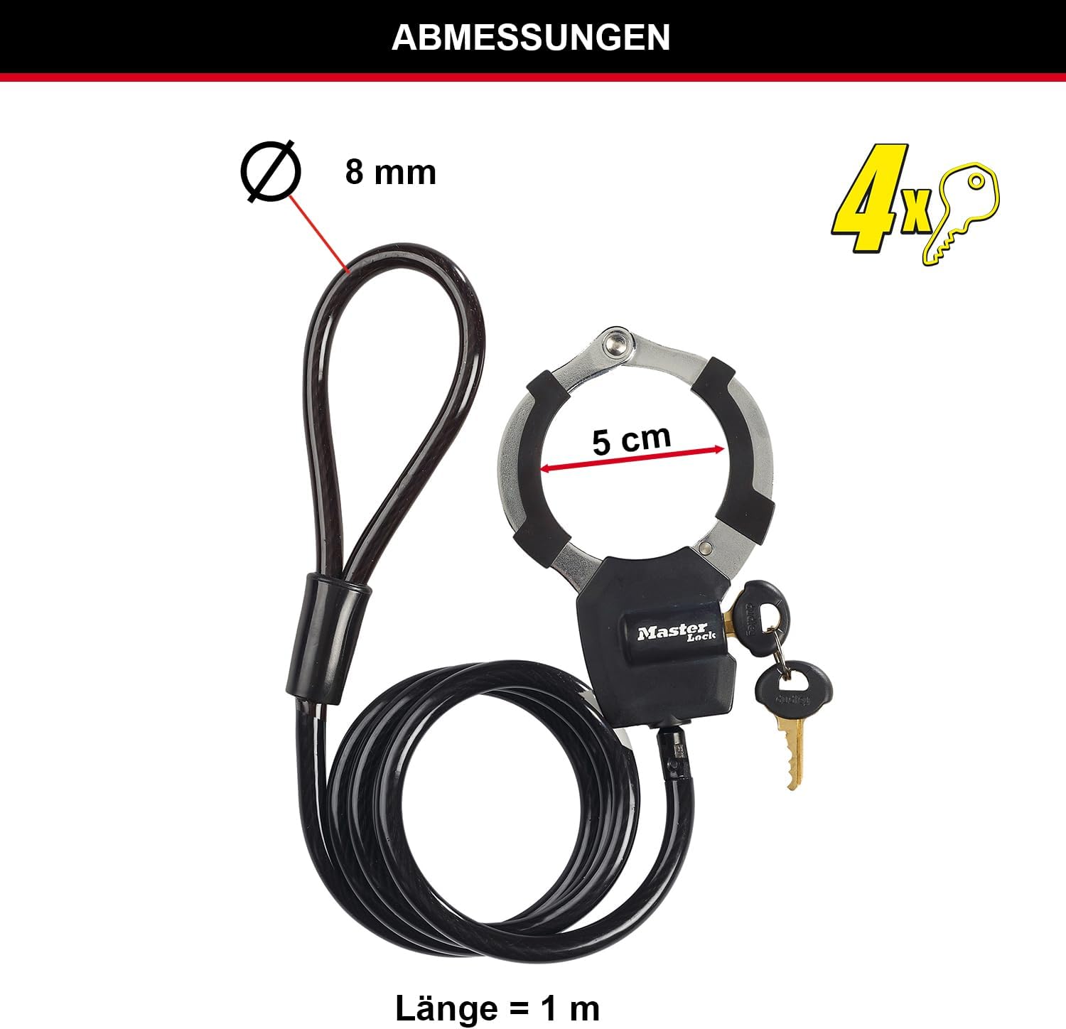 Detalle de Master Lock Kabelschloss 1 m mit Schlüssel – robustes Fahrrad-, Scooter- und Kinderwagenkabel