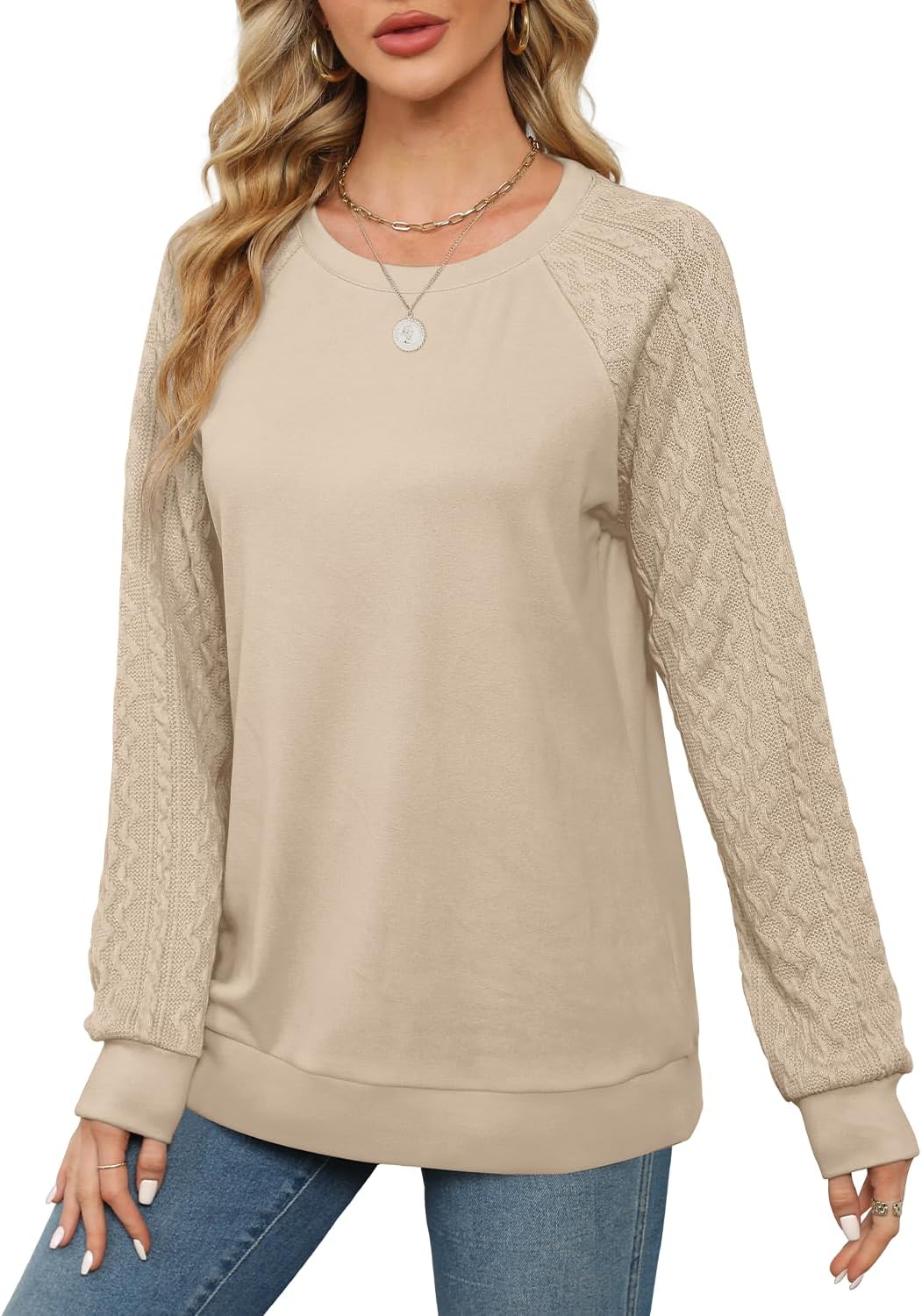 Detalle de Jescakoo Women's Cable-Knit Sleeve Sweatshirt, Lightweight and Soft