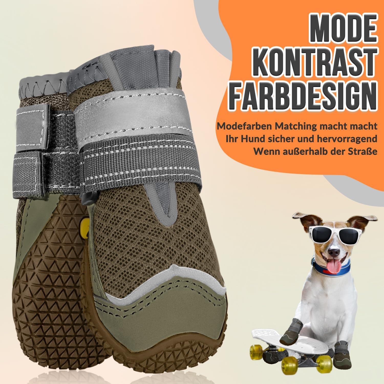 Detalle de Eyein Hundeschuhe Pfotenschutz – 2er-Pack, atmungsaktiv, rutschfeste Sohle, Reflektor-Klettverschluss, Größe 4, Braun