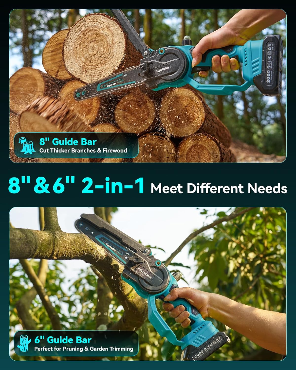 Detalle 2 de Supstable M8 Ace Mini Chainsaw, 6- and 8-Inch Bars, 1000W Brushless Motor