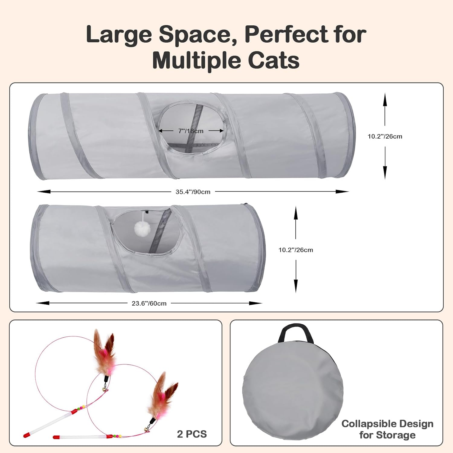 Thumbnail 5 de Odoland Large Cat Play Tunnels (3 Straight Tunnel DIY, Foldable, 90cm) – Grey