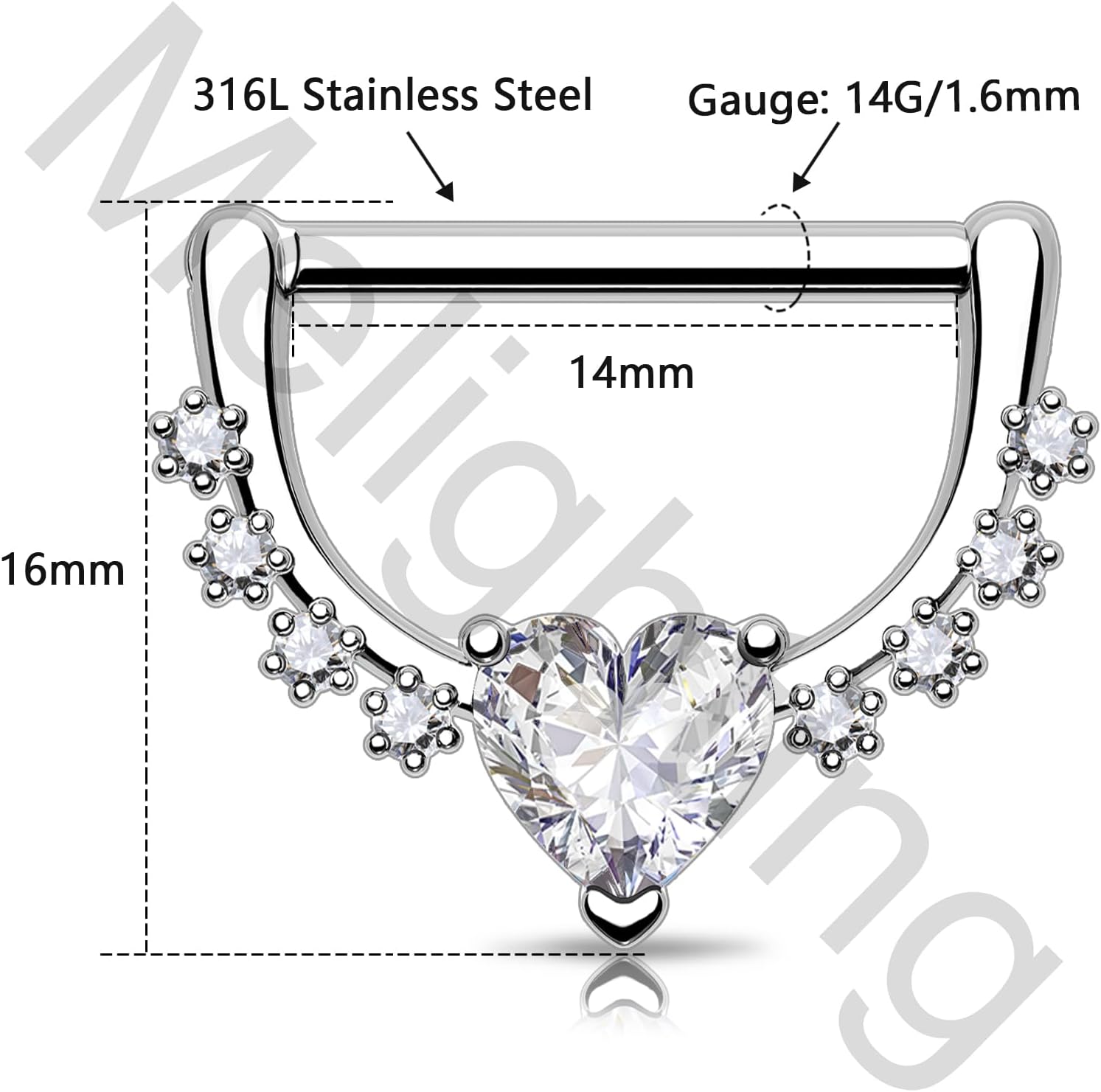 Thumbnail 5 de Melighting piercing capezzolo cuore zirconia 14G 14mm