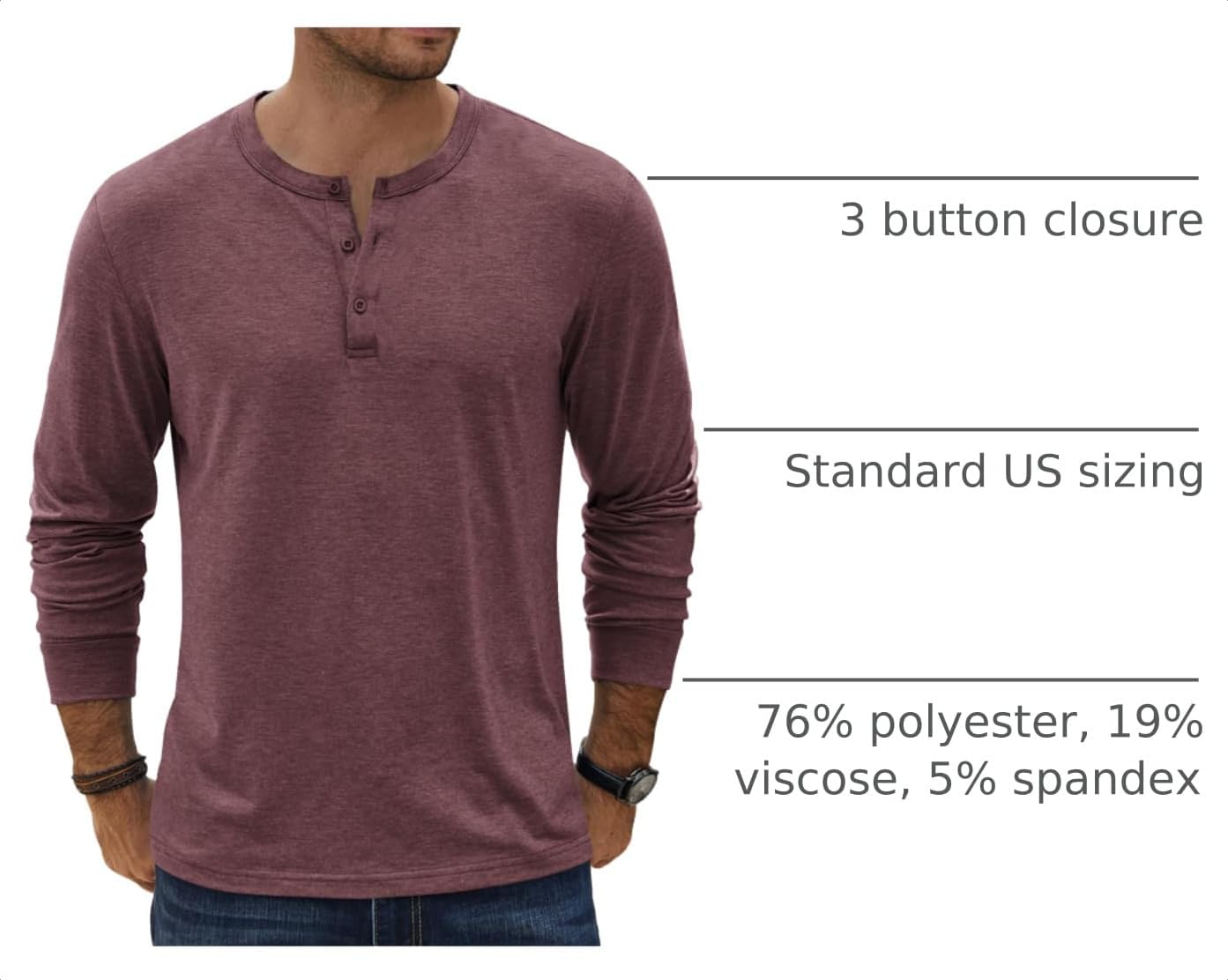 Detalle 2 de COOFANDY Men's Long-Sleeve Henley Shirt