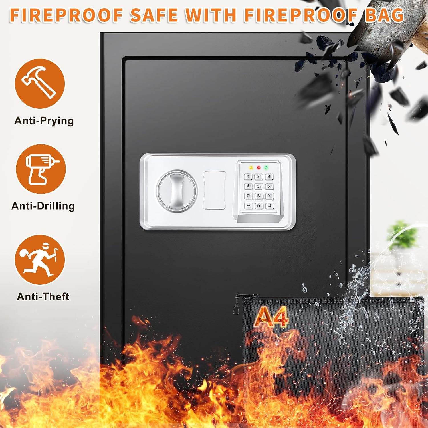 Detalle 2 de Mejasg Safe „Tresor Safe Tresor Feuerfest“ 75 L mit Alarmanlage, digitalem Zahlenschloss & feuerfester Dokumententasche