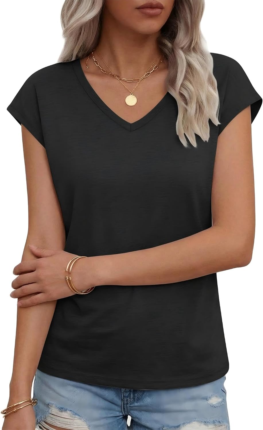 Thumbnail 2 de Suncife T-shirt voor dames met V-hals, kapmouwen en losse pasvorm