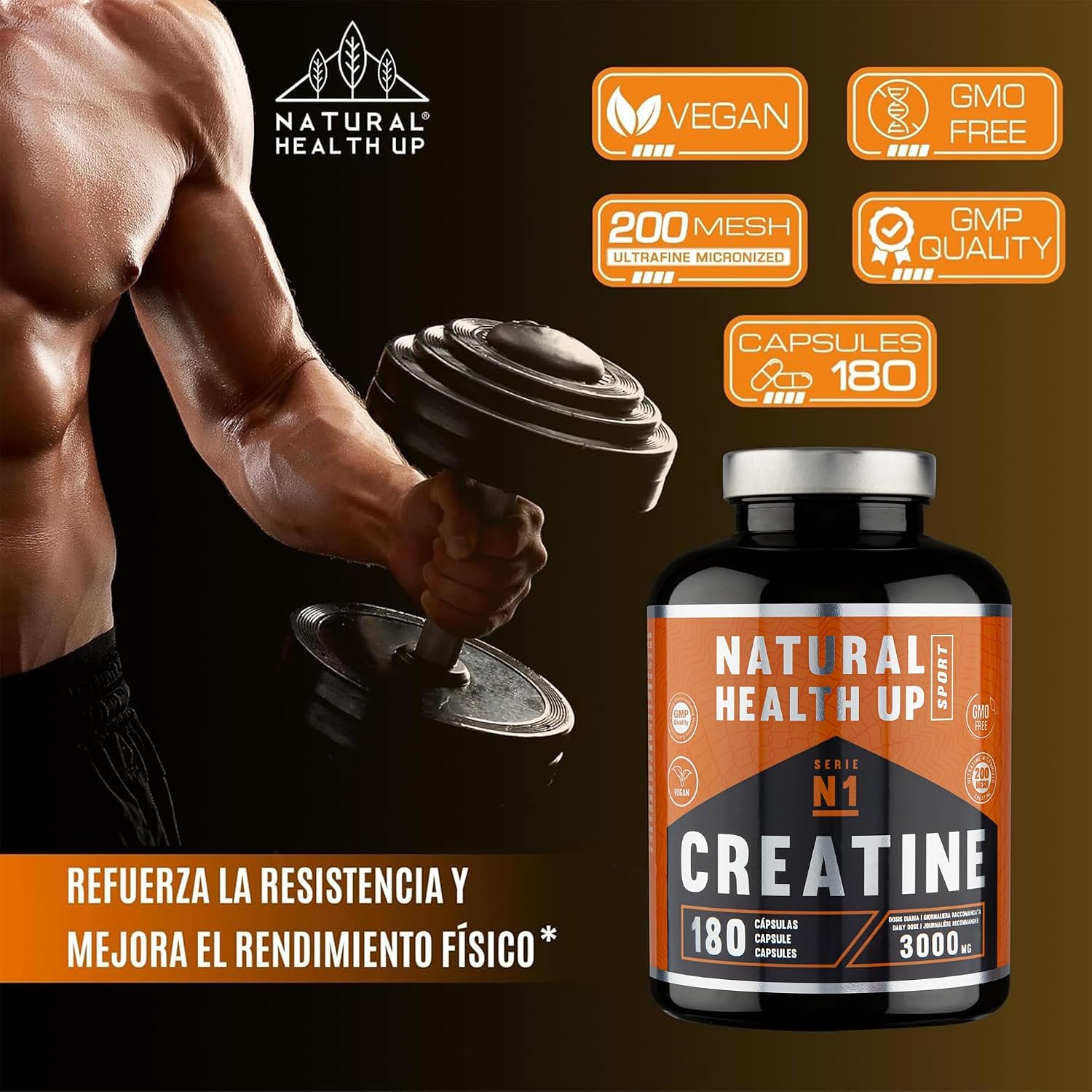 Detalle 2 de NATURAL HEALTH UP Creatina monohidratada 180 cápsulas