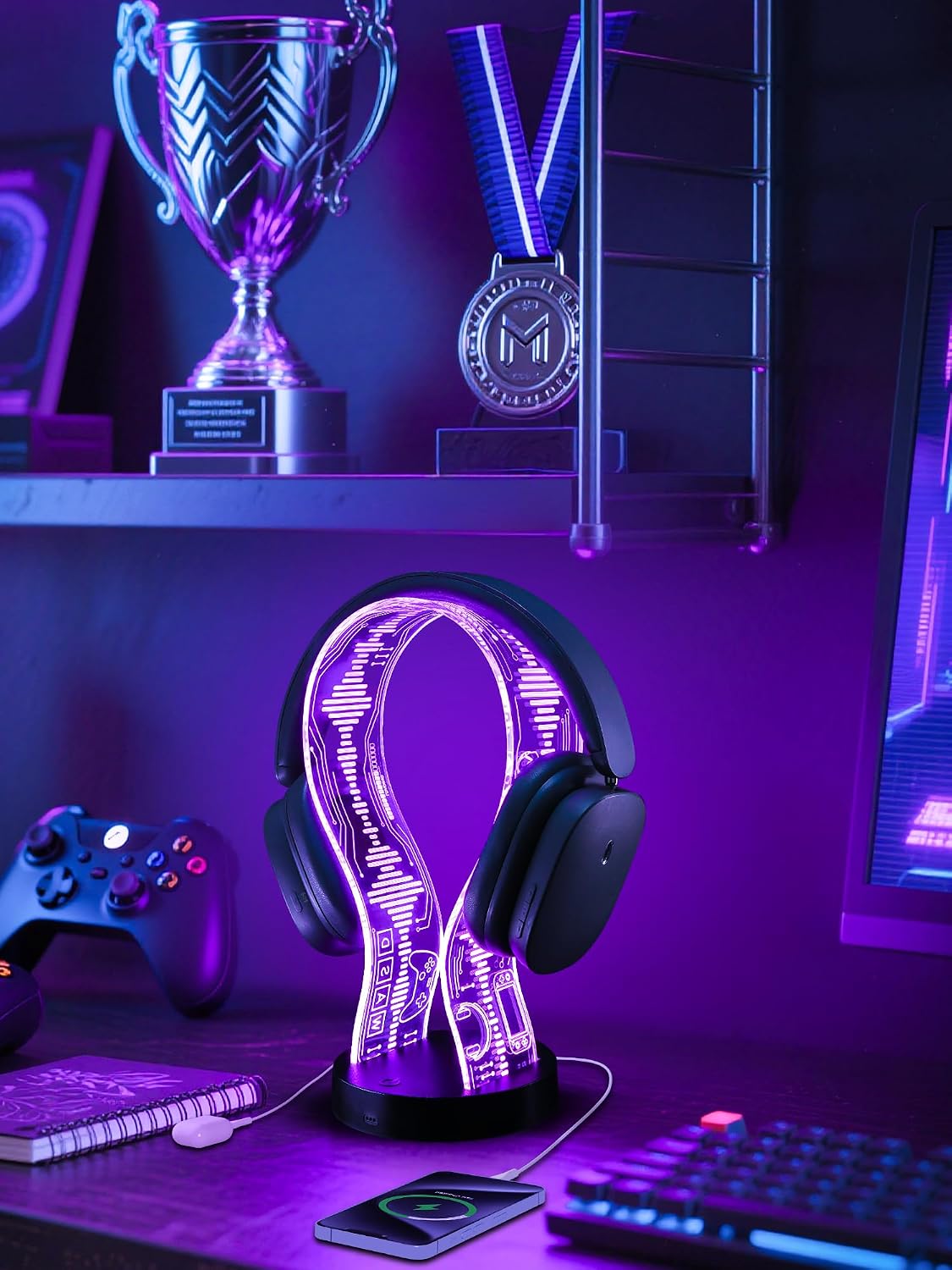 Thumbnail 6 de CoolGift Mart Leuchtender Kopfhörerständer mit 16 LED-Farben, Gaming-Design und USB-/Typ-C-Anschluss