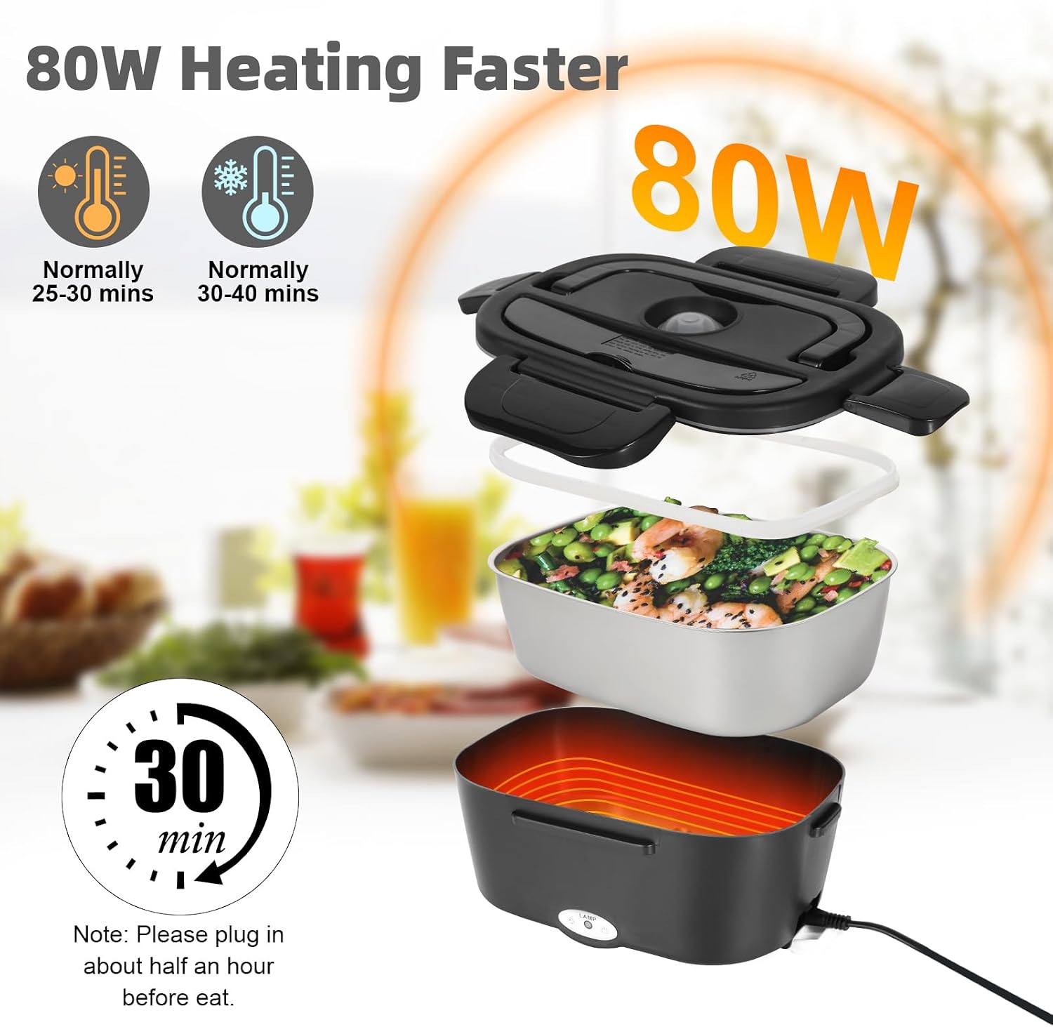 Detalle de SOHIDA 80W Electric Lunch Box, 1.5 L Stainless Steel, 12V/24V/110V