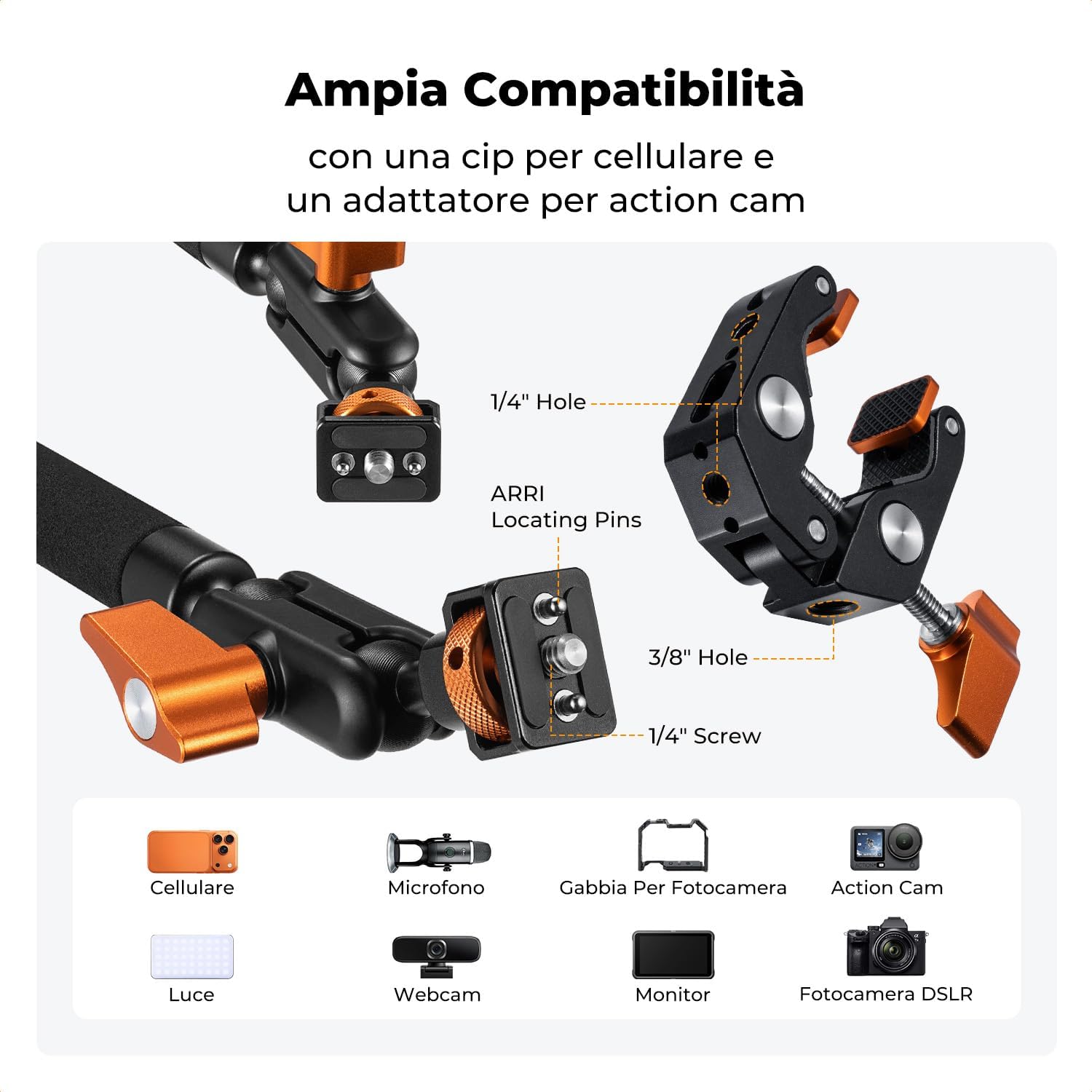 Detalle 2 de K&F CONCEPT Magic Arm Kit 22" con Morsetto: braccio magico per telefono, action cam, luci LED e microfono