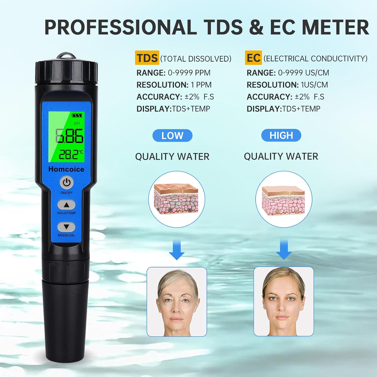 Detalle de Homcoice pH mètre électronique 4 en 1 (pH, TDS, EC, température) étanche IP67