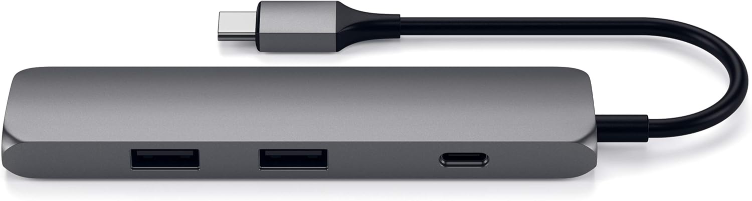 Detalle de SATECHI Hub USB‑C 4 en 1 Slim Classic (PD 60W, HDMI 4K@60Hz, Ethernet, USB‑A 10Gbps) – Gris sidéral