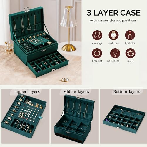 Detalle de Lumcoyee Jewellery Organisers Box for Women & Girls, 3-Tier & 2 Drawers, Green