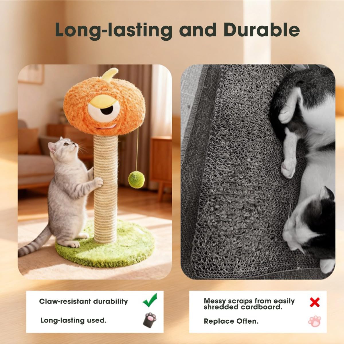 Detalle de Pumpkin Cat Scratching Post for Kittens – Soft Velvet Base, Play Ball, 30 × 30 × 60cm
