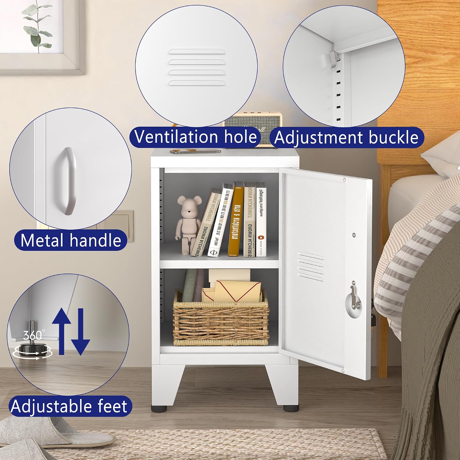 Detalle de PAOFIN Small Cabinet-White Metal Storage Cabinet, Lockable with Adjustable Shelf