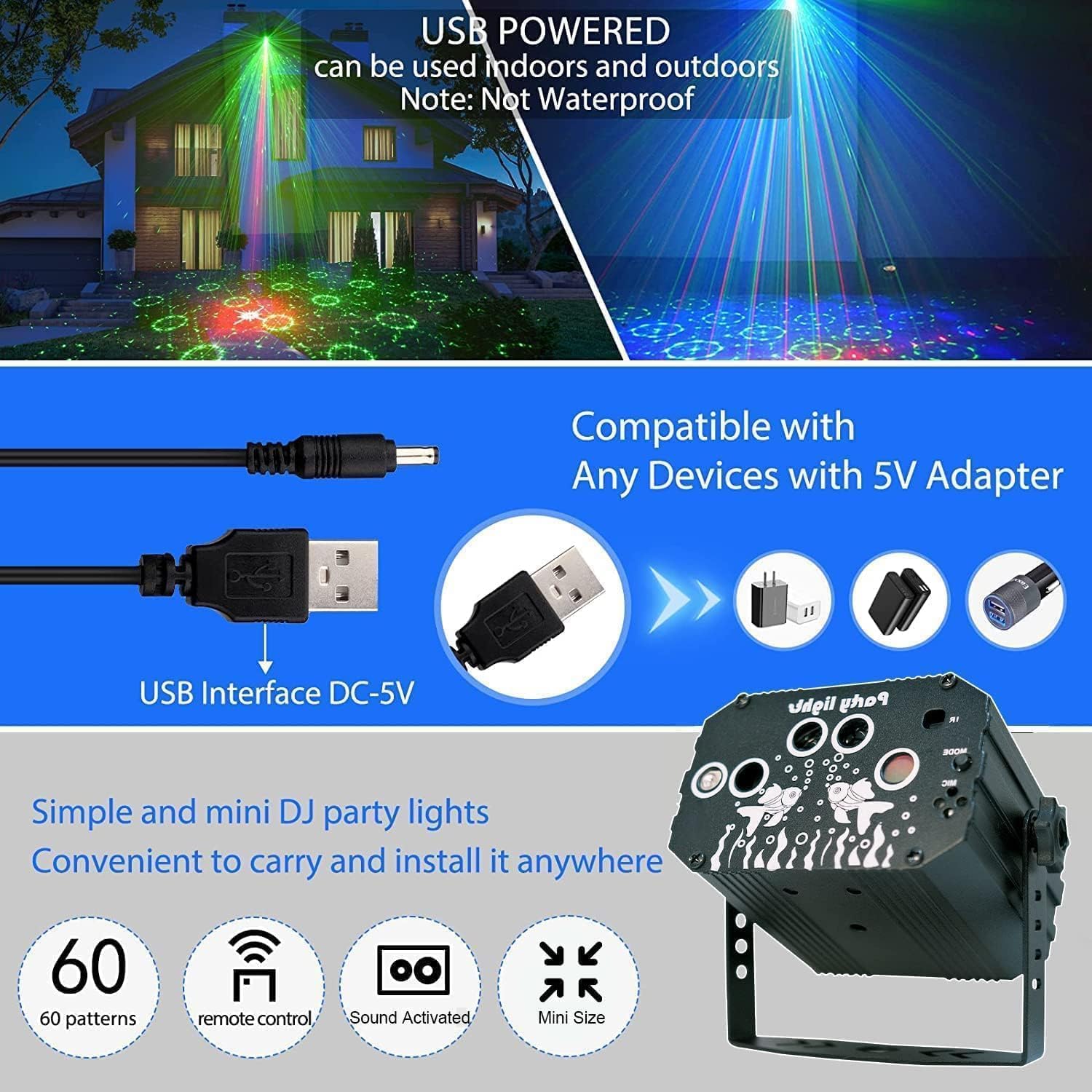 Detalle 2 de Dj Disco Party Light: Sound Activated Strobe for Parties 60 Patterns 🎥