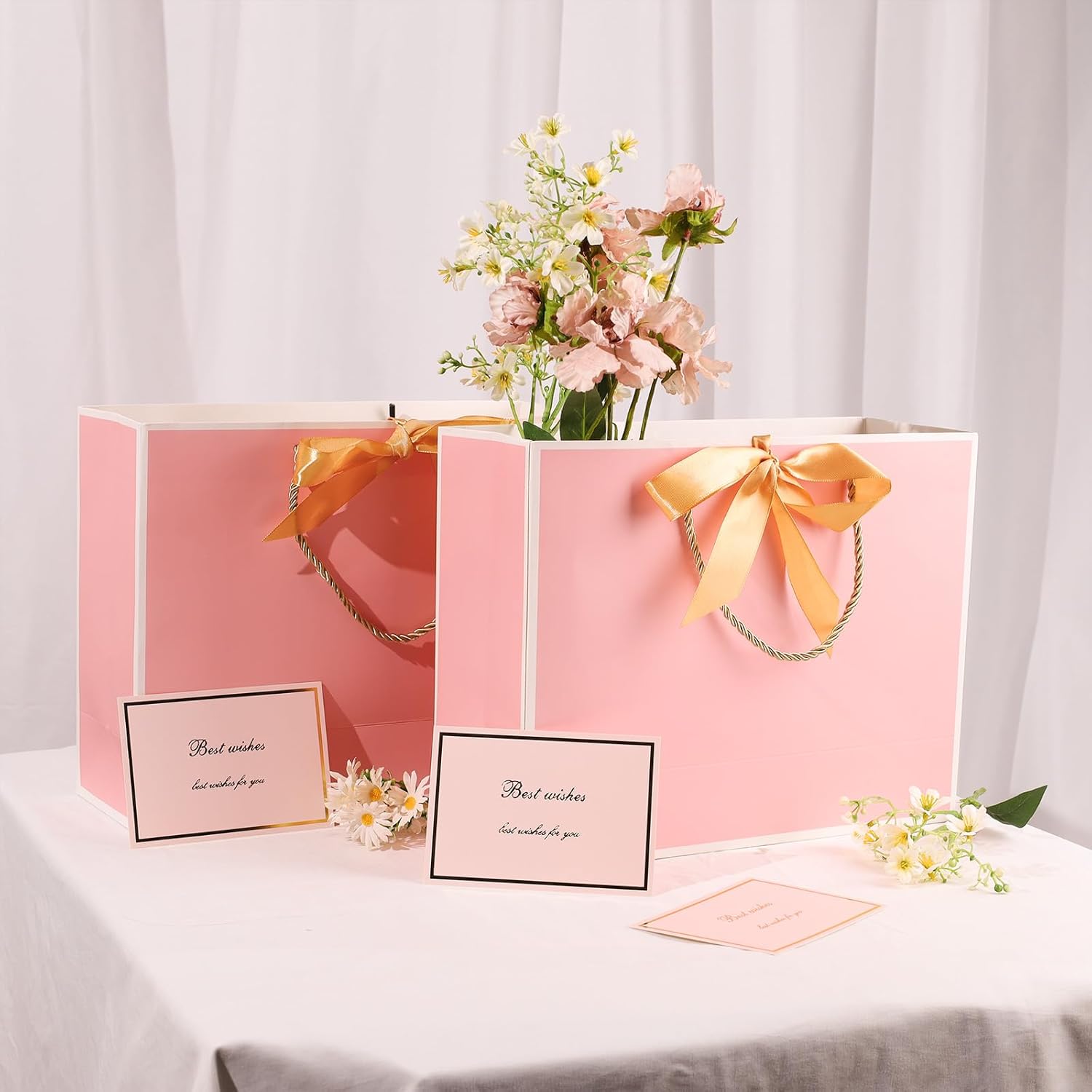 Detalle de Modixun Gift Bags 3-Piece Set: 32cm Large Gift Bags with Ribbon, Greeting Cards and Tissue Paper (Pink-White)