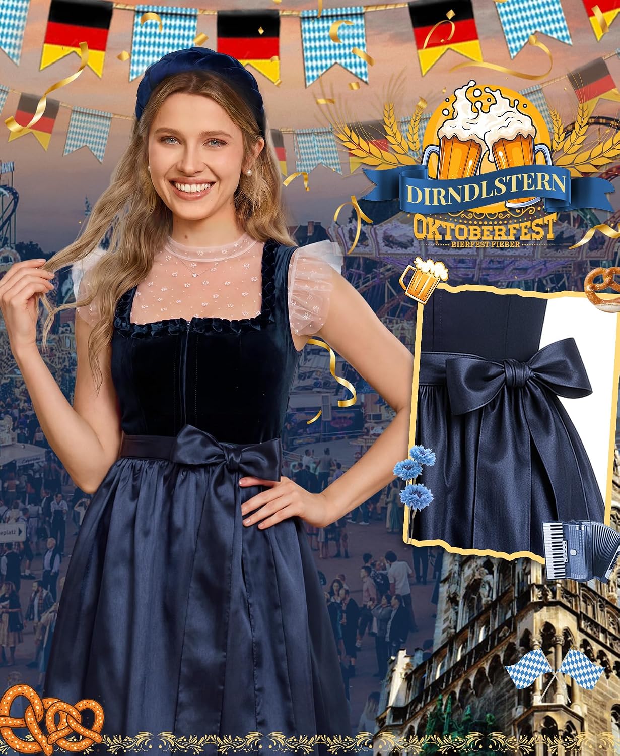 Thumbnail 1 de DIRNDLSTERN Damen Blau Samt – Dirndlkleid Midi 70 cm mit Reißverschluss