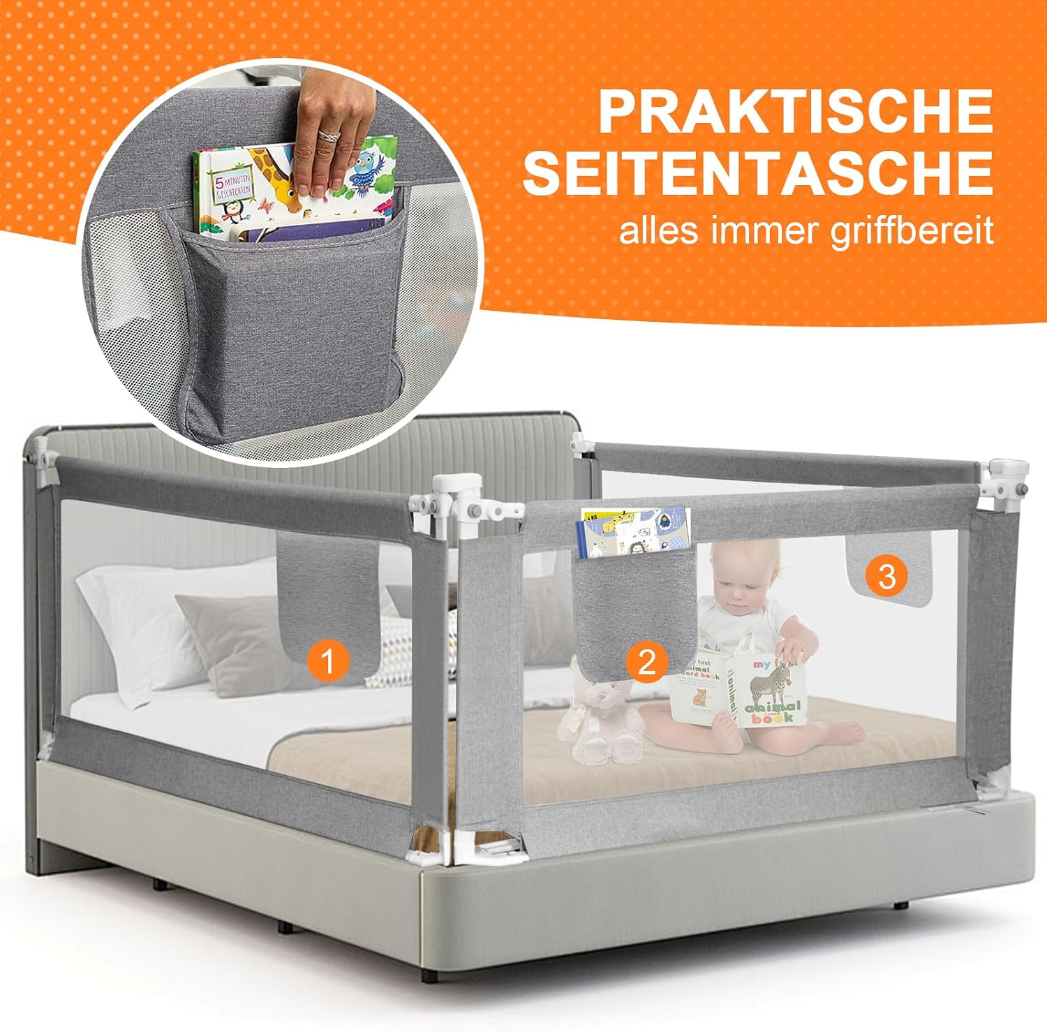 Detalle de Eyeleaf Rausfallschutz Bettgitter Grau 1.8M