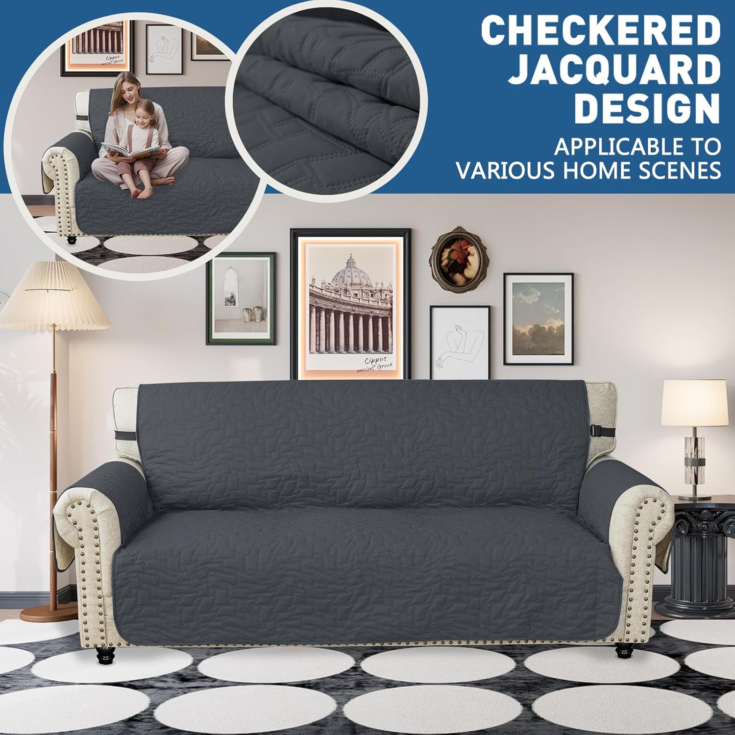 Thumbnail 1 de Ystyle Housse de canapé 3 places avec accoudoirs, imperméable anti-poils, antidérapante lavable (gris foncé)