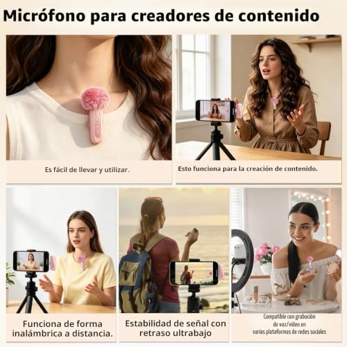Detalle de Uewpv Micrófono Lavalier Rosa para iPhone y USB-C con Pantalla LED y Clip Giratorio