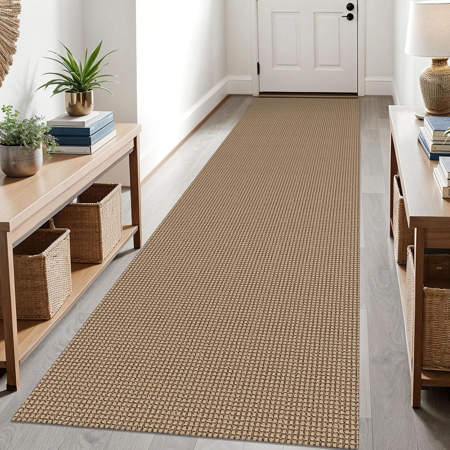 Detalle de KOZYFLY Boho Braided Runner Rug 3 x 10 ft with Non-Slip Rubber Backing (Tan/Orange/Brown)