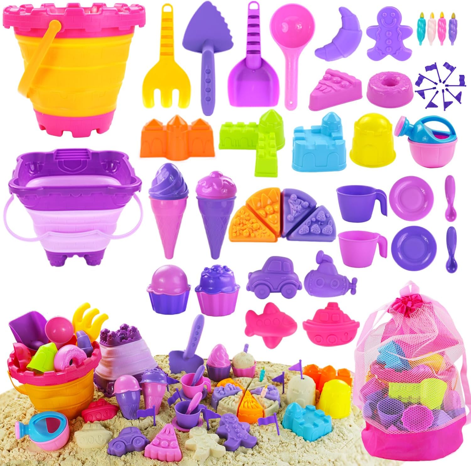 Detalle de Elovien Beach Sand Toys set (50 pcs) with 2 collapsible sand buckets and mesh backpack bag