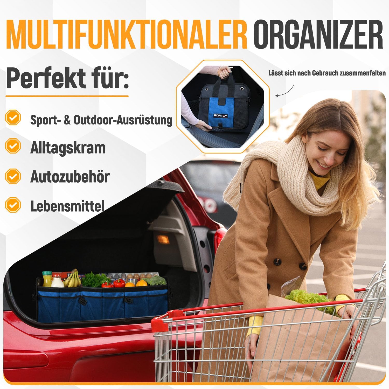 Detalle de FORTEM Kofferraum Organizer (blau, extragroß) – zusammenklappbare Kofferraumtasche mit Fächern