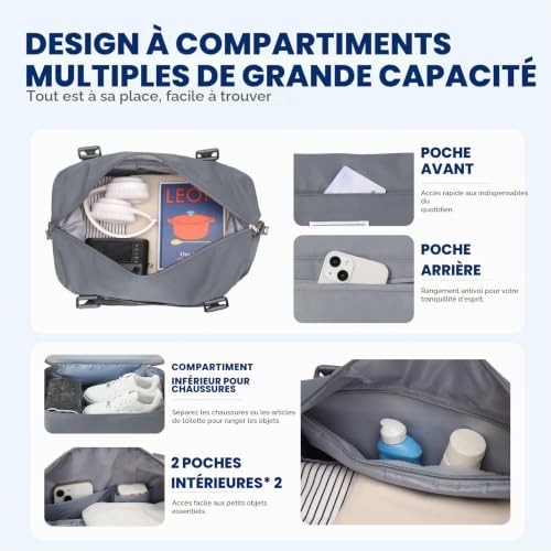 Detalle 2 de SEAFEW Sac de voyage cabine 40 × 30 × 20 cm, compartiment à chaussures, gris ardoise
