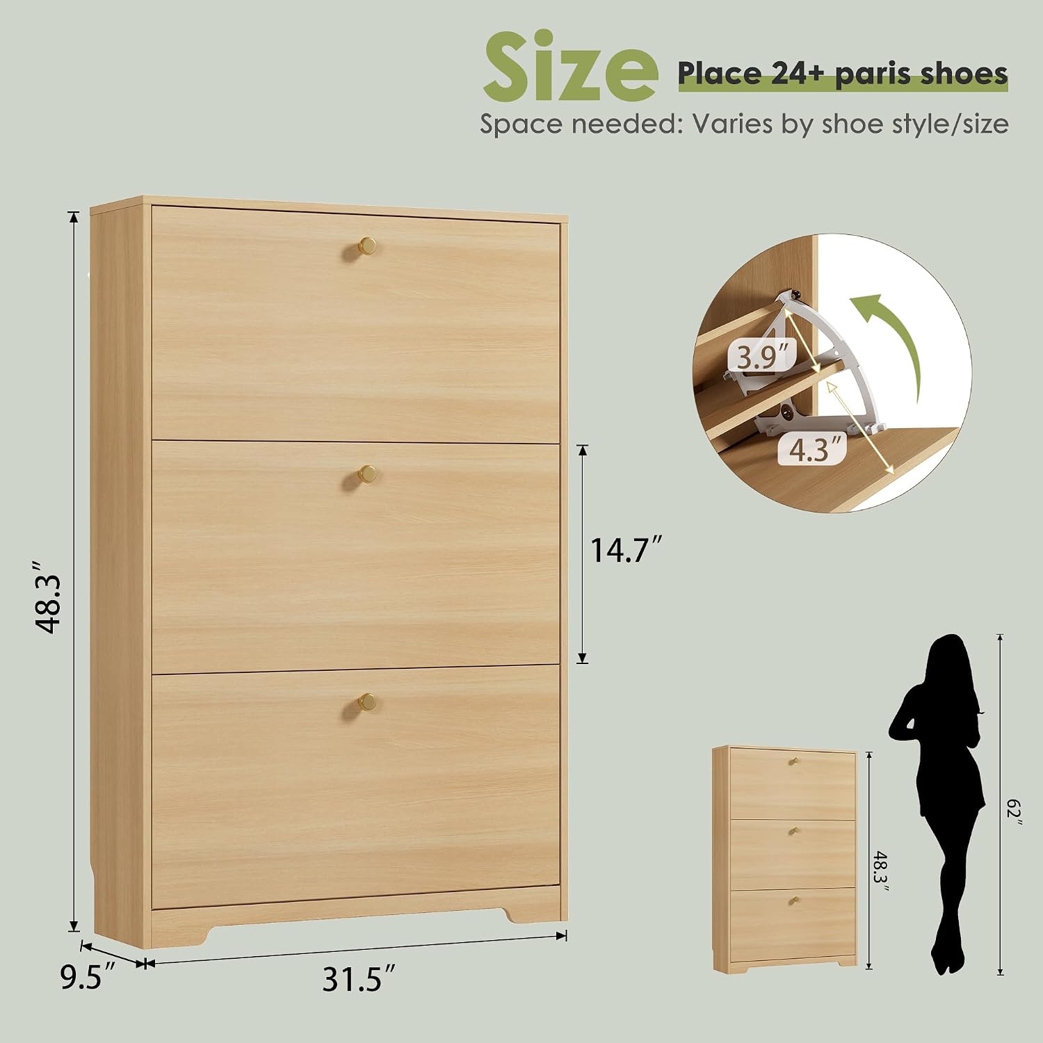 Detalle 2 de Nicetree NT-SC004 Shoe Storage Cabinet, Natural Oak, 3 Flip Drawers