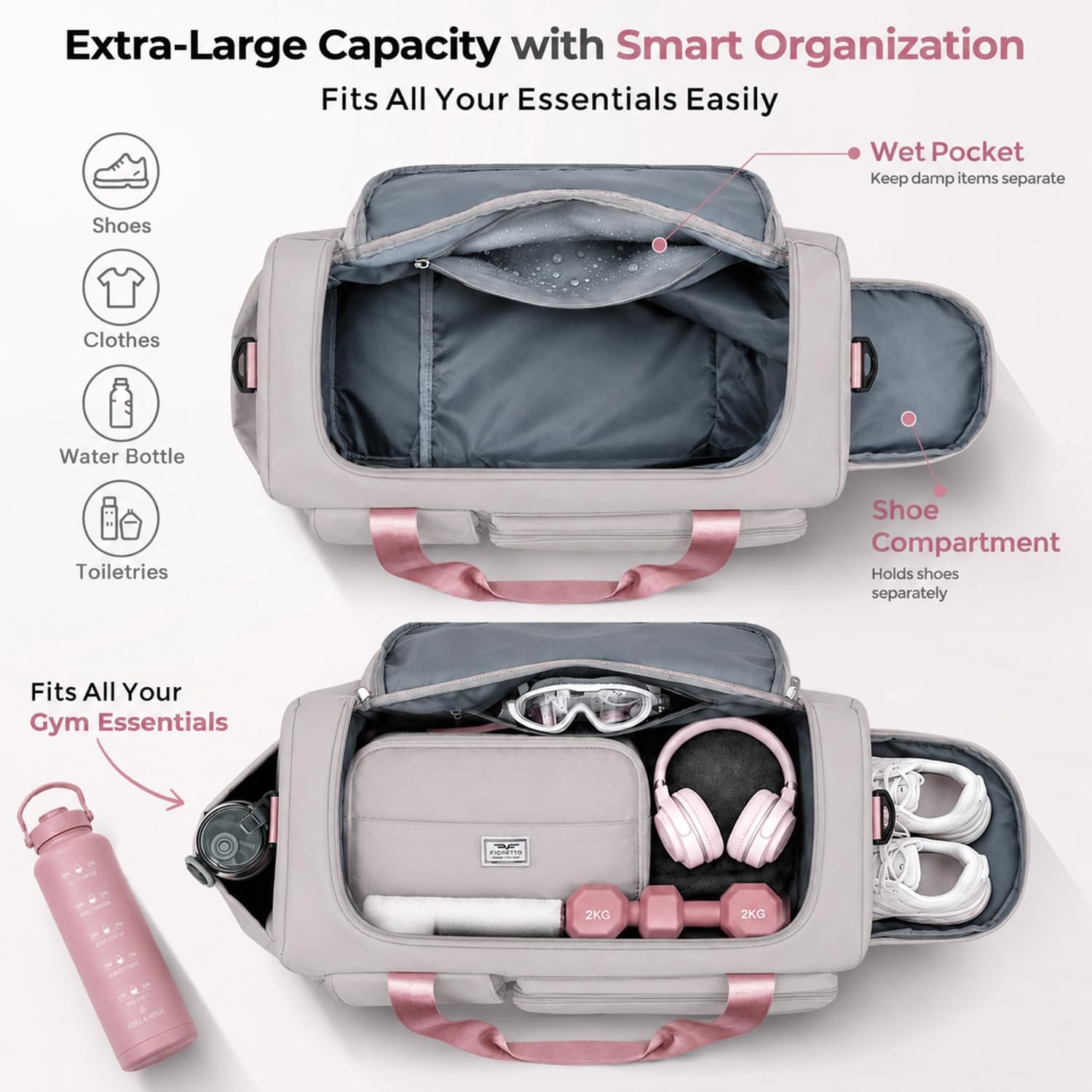 Thumbnail 2 de FIORETTO Gym Bag with Wet/Dry Pocket and Shoe Compartment – 30L, Foldable & Water‑Resistant
