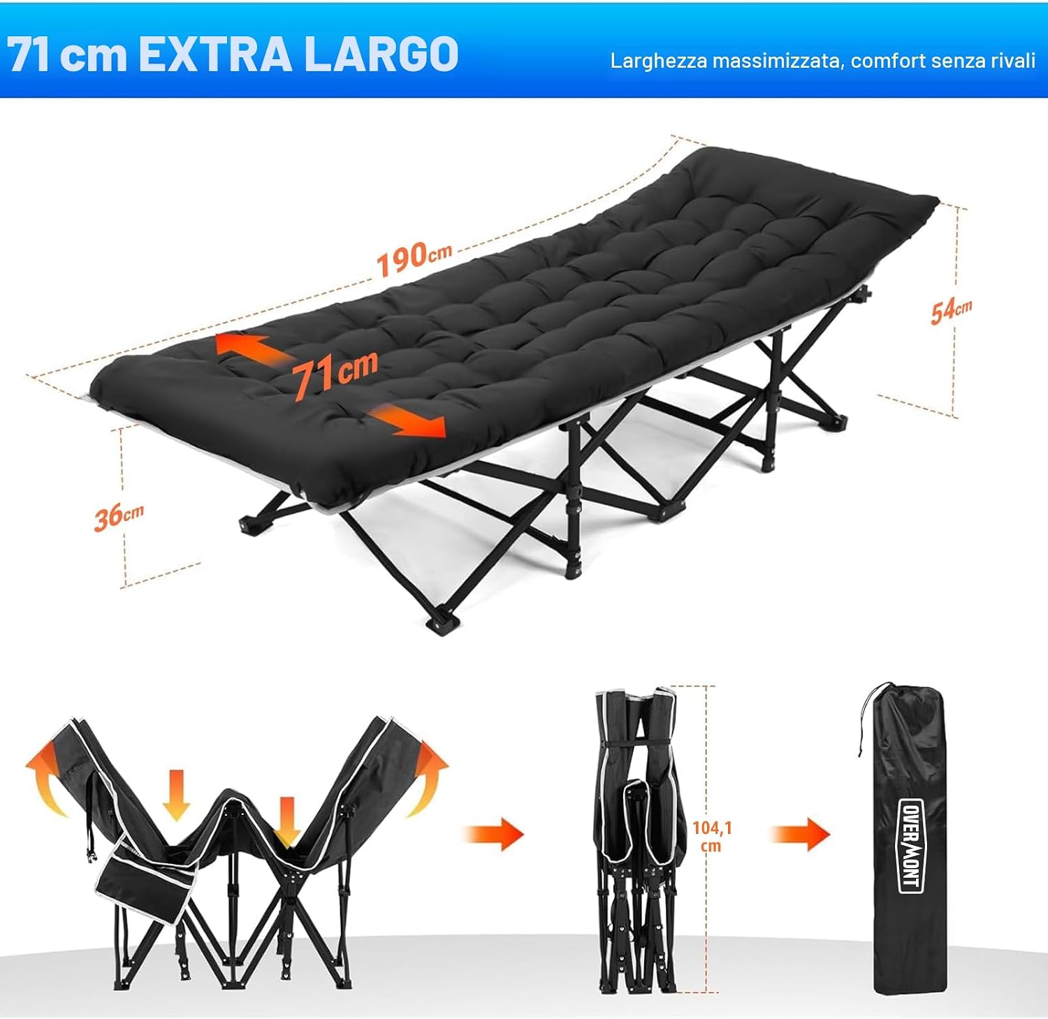 Detalle de OVERMONT Lettino da Campeggio Brandina Pieghevole con Materasso XL – Portatile, 250 kg, Tasche Laterali