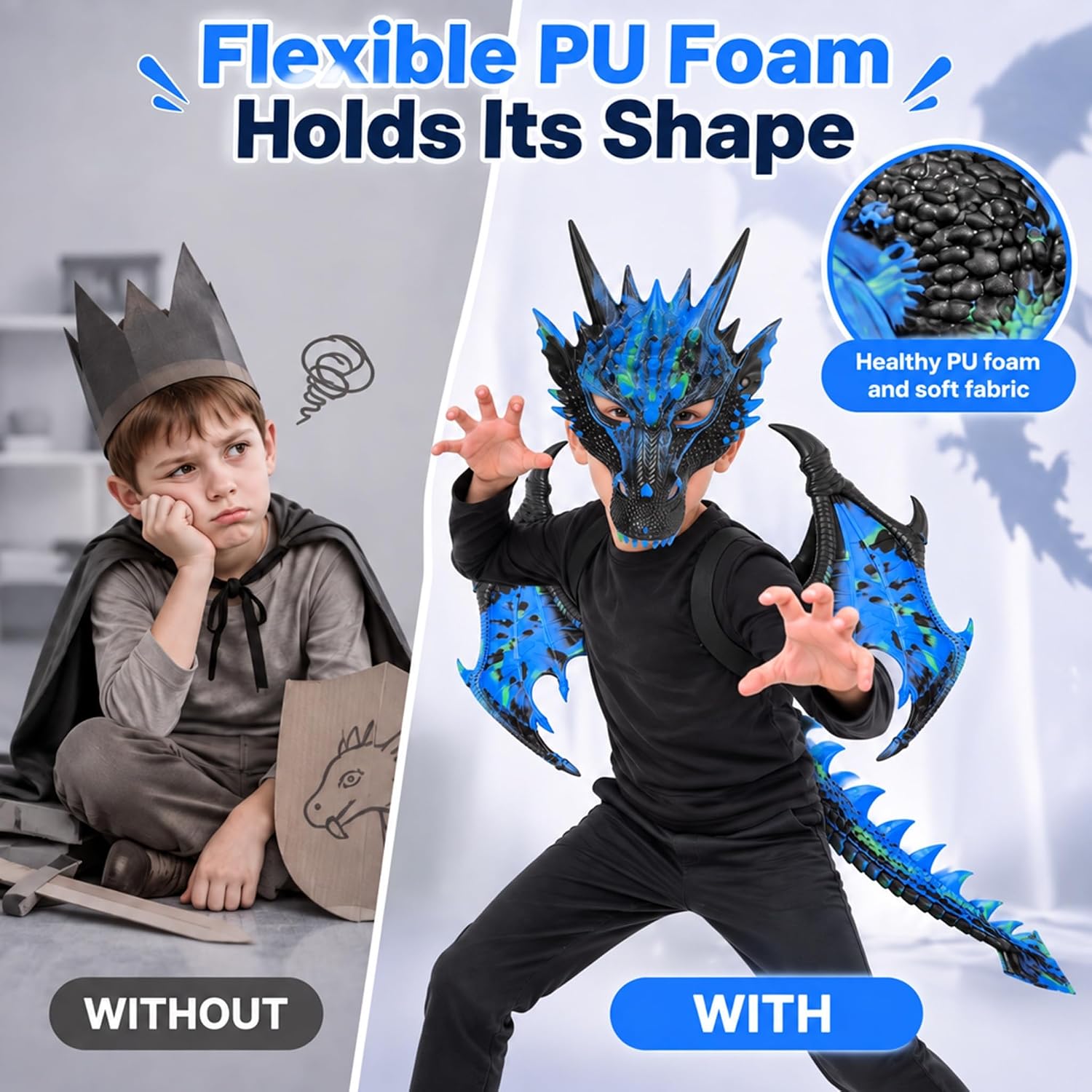 Thumbnail 6 de CRTEPST Dragon Costume for Kids, Sparkle Blue Mask, Wings & Tail