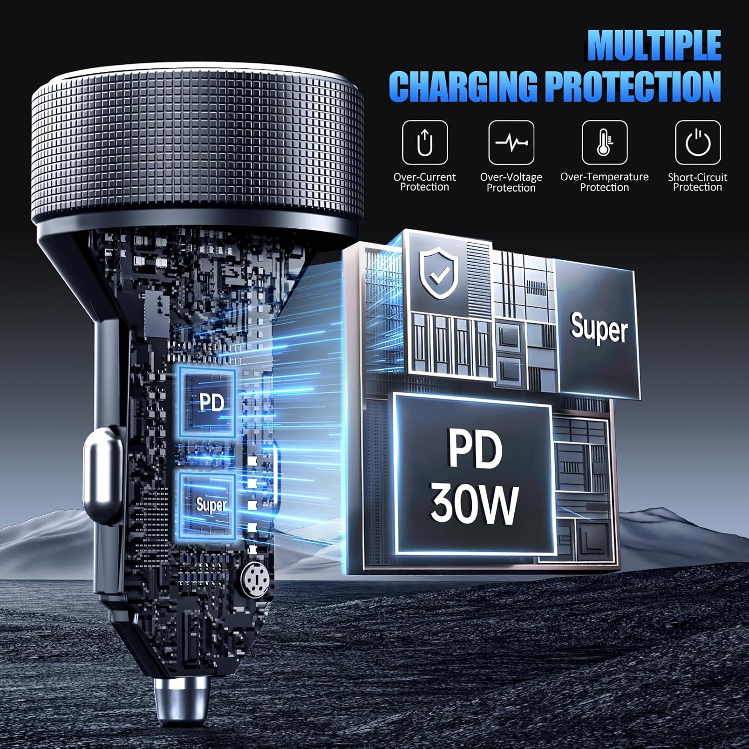 Thumbnail 4 de USB-C Zigarettenanzünder Adapter (12V) mit LED-Voltmeter und 4 Ports – Schwarz & Kabel