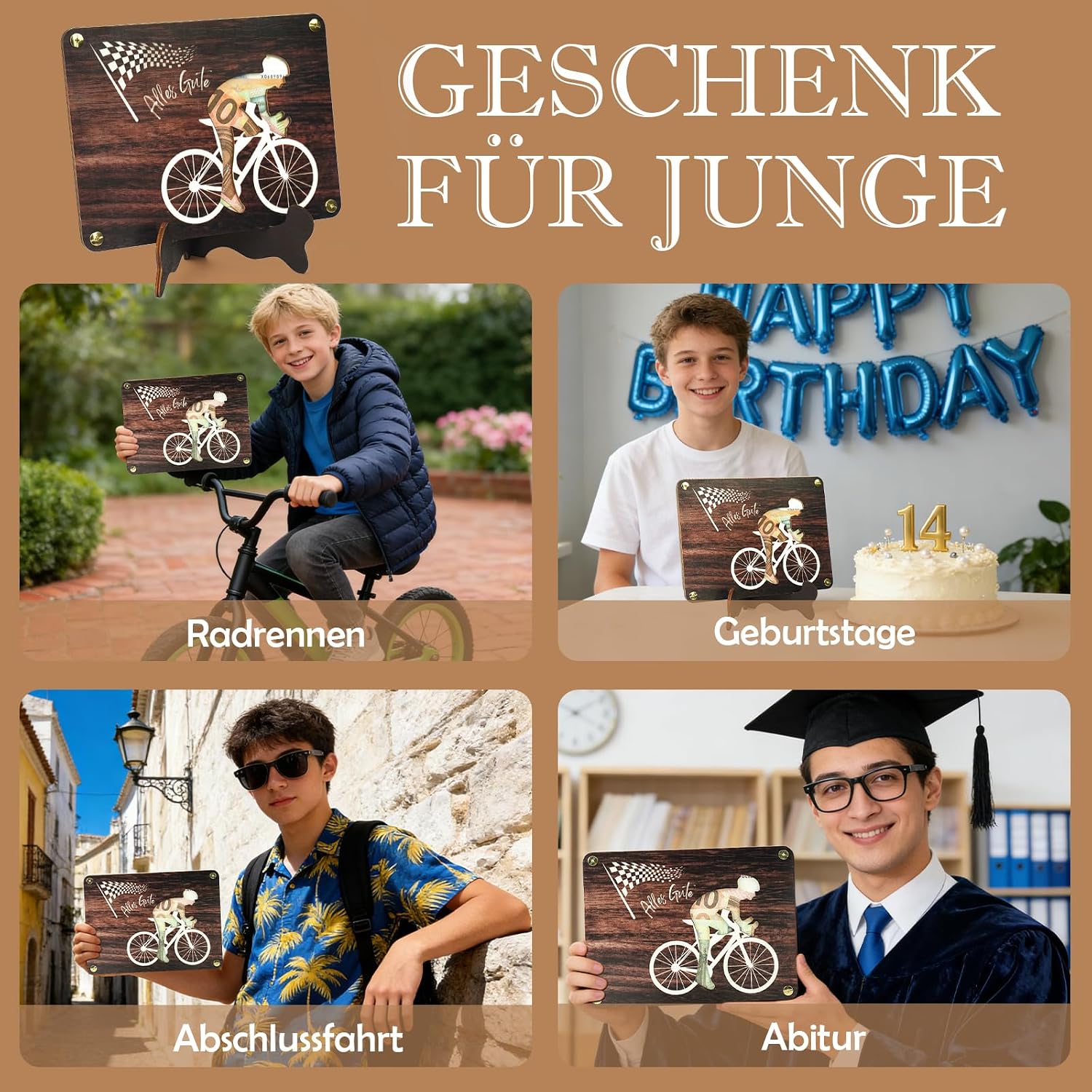 Thumbnail 2 de Mason Life Geldgeschenk Fahrrad Holz – individuelles Geldgeschenk-Set mit Ständer, Schlüsselanhänger und personalisiertem Schild