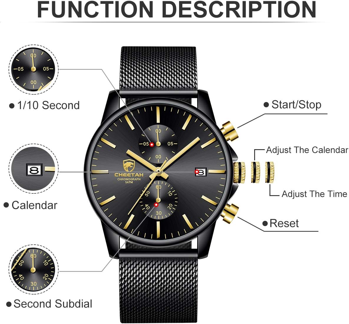 Detalle de Herren-Armbanduhr modisch-sportlich mit Quarz, Chronograph und schwarzem Edelstahl-Mesh