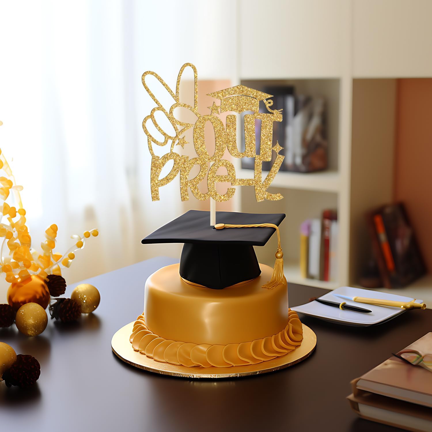 Detalle 2 de Calarjeta Out Pre-K Cake Topper, Gold Glitter Paper for Graduation Cakes
