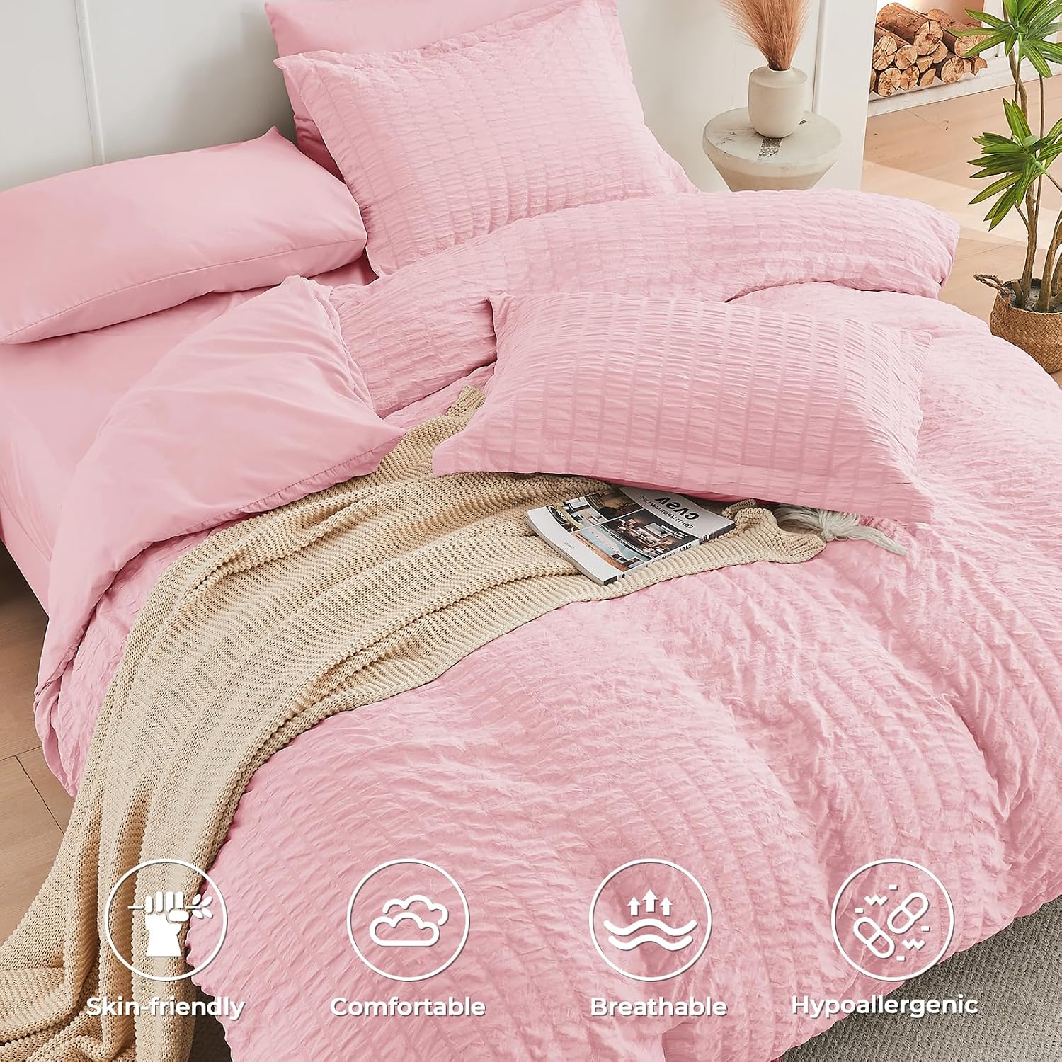 Detalle de HYMOKEGE Queen Seersucker Comforter Set, 7-Piece Pink Microfiber Bedding