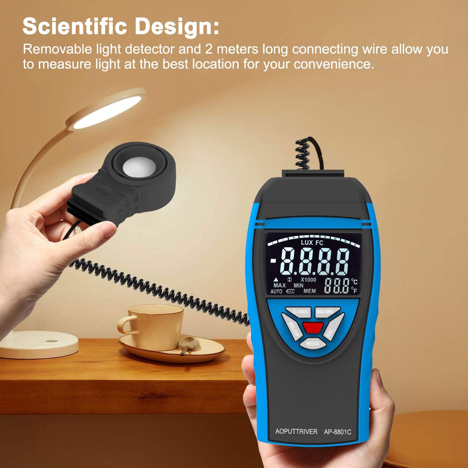 Detalle de AP-8801C Digital Luxmeter – Lichtstärke bis 400.000 Lux mit ausziehbarem Detektor