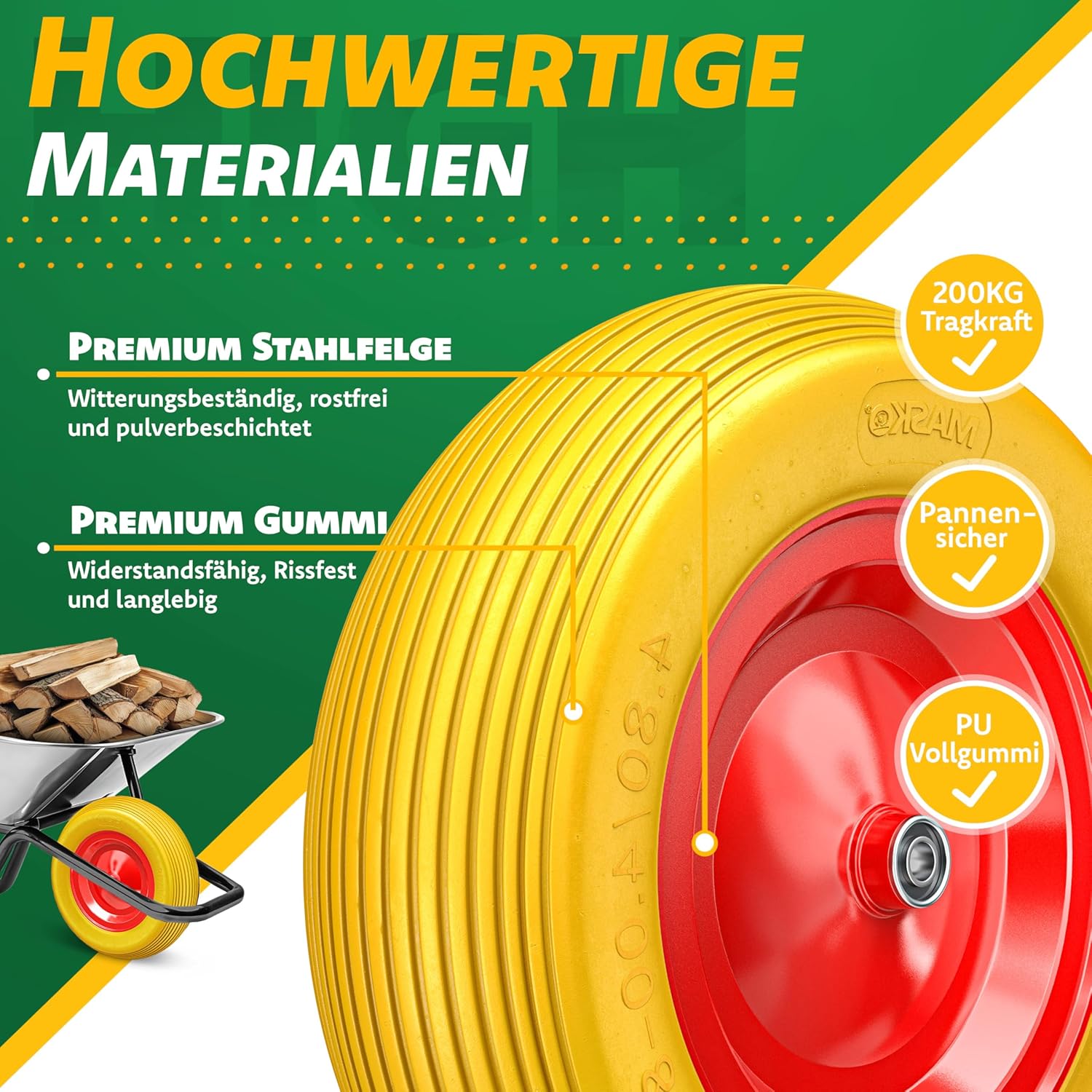 Thumbnail 4 de MASKO PU-Schubkarrenrad Vollgummi 200 kg | Ø 390 mm, 4.80/4.00-8, Stahlfelge