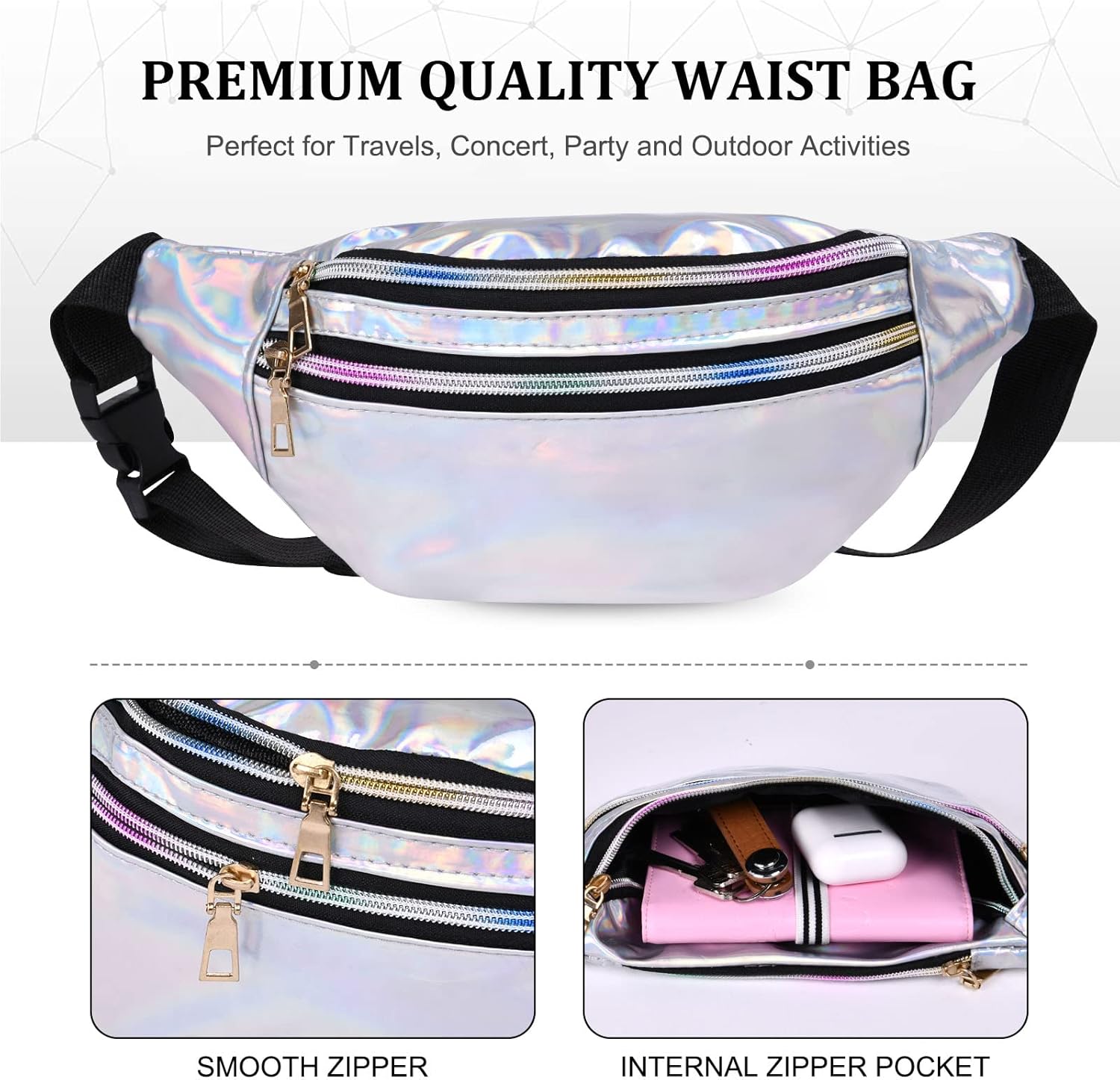 Detalle de flintronic® Sac banane holographique imperméable en cuir PU, multi-poches et ajustable
