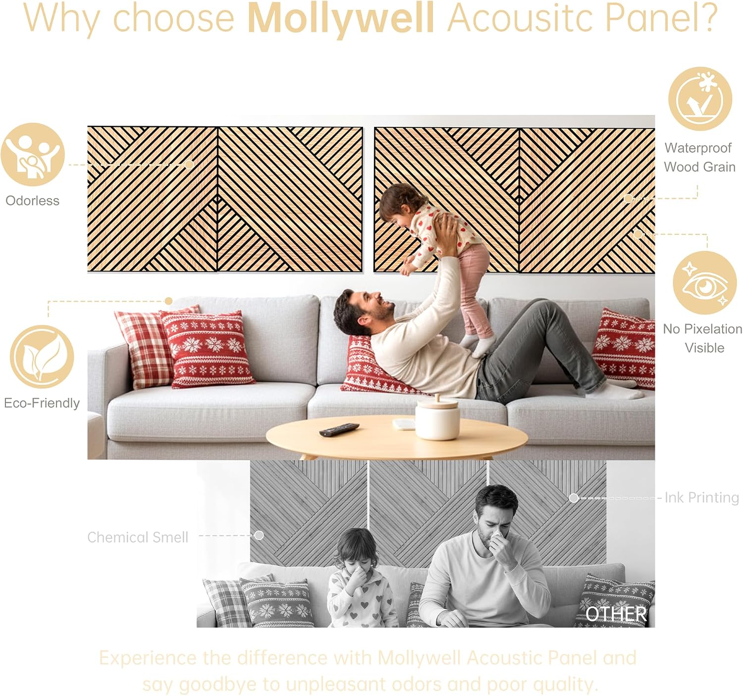 Detalle de Mollywell Acoustic Wall Panels, Natural Oak, 8 Pack, 23.6 x 23.6 in