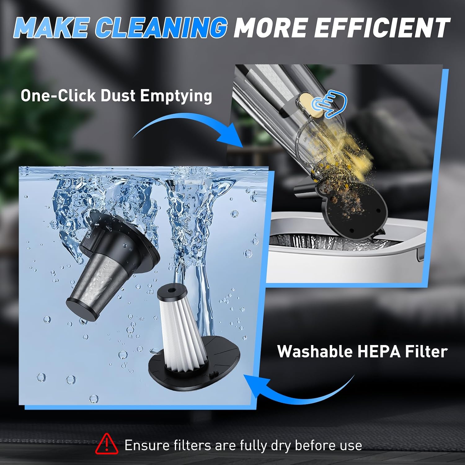 Detalle 2 de CKIKH Cordless Handheld Vacuum, 15,000 Pa Suction, HEPA Filter and LED Light