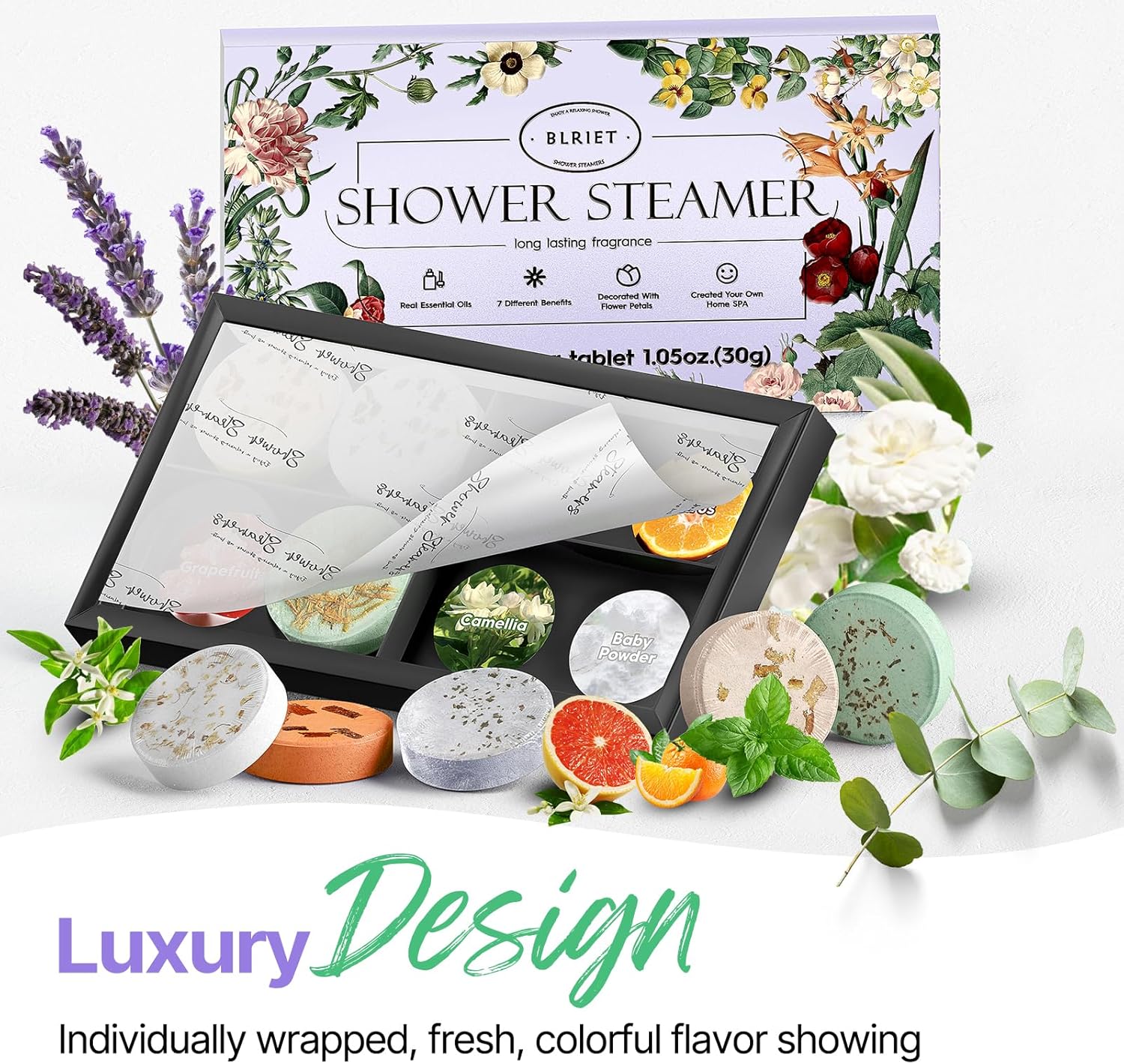 Detalle de BLRIET YGG-Bath Shower Steamers, 8 Count with 7 Aromatherapy Scents