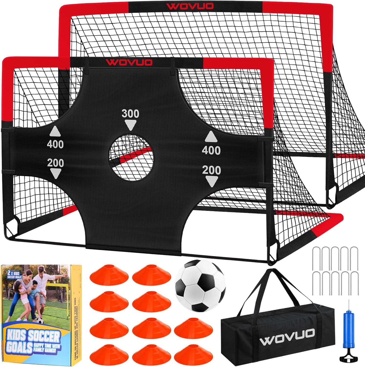 Kids Soccer Goals for Backyard Set of 2 (6x4 ft) Portable Pop-Up Training Goals with Target, Ball, Cones & Net